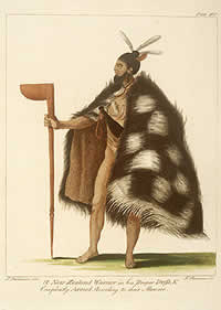 'A New Zealand Warrior in his Proper Dress & Compleatly Armed, According to their Manner.'
by Sydney Parkinson 